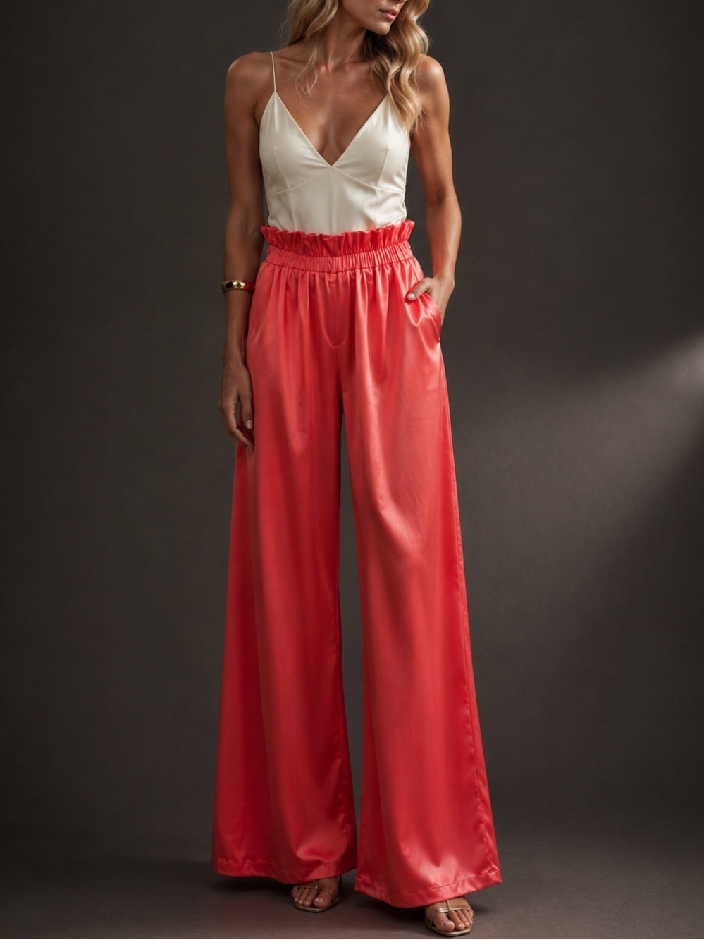 Function & Fringe Edit | Coral Satin Wide Leg Trousers Resort
